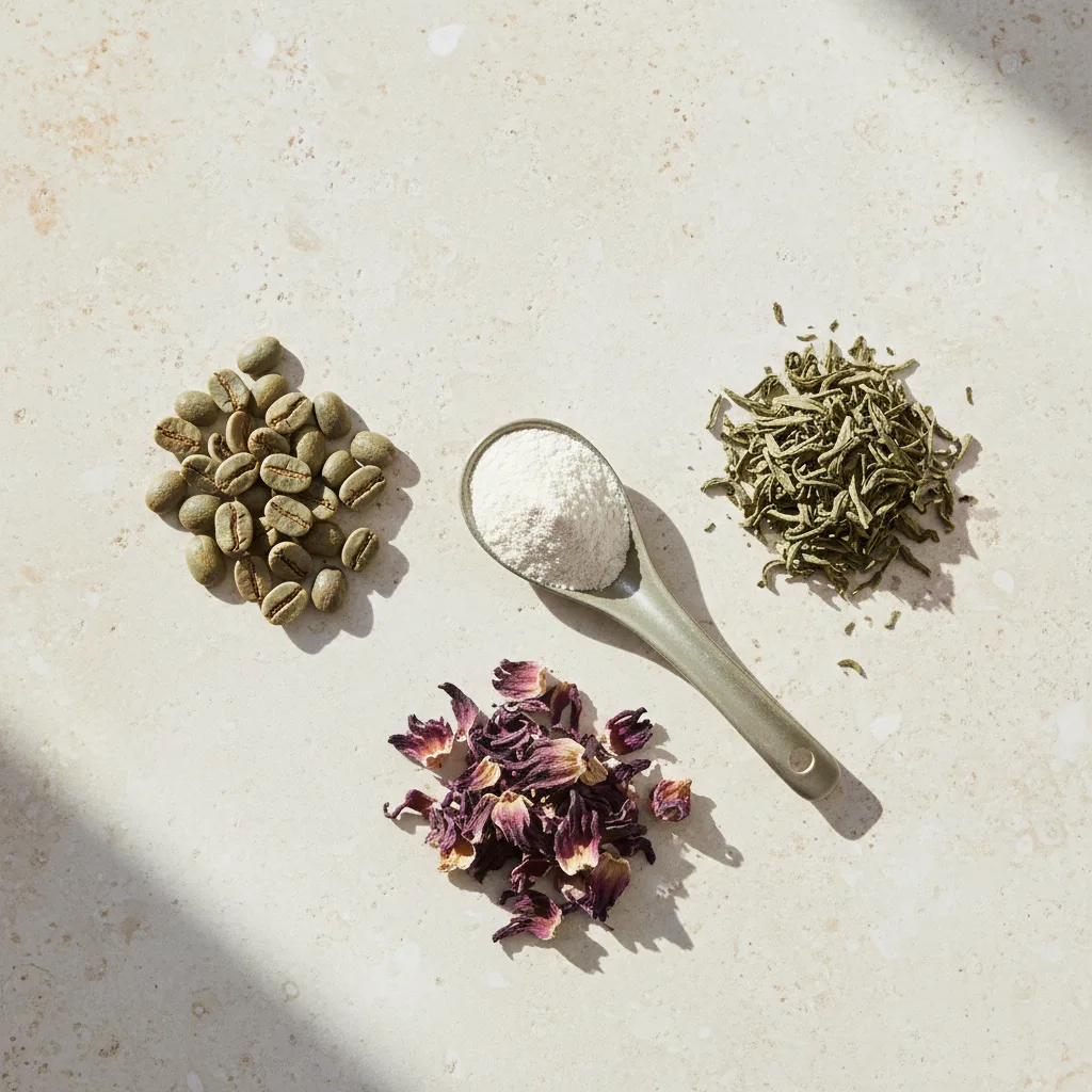 Flat-lay of green coffee beans, green tea leaves, L-Carnitine powder in a ceramic spoon, and dried hibiscus flowers - botanical ingredients in Wellaray Coffee