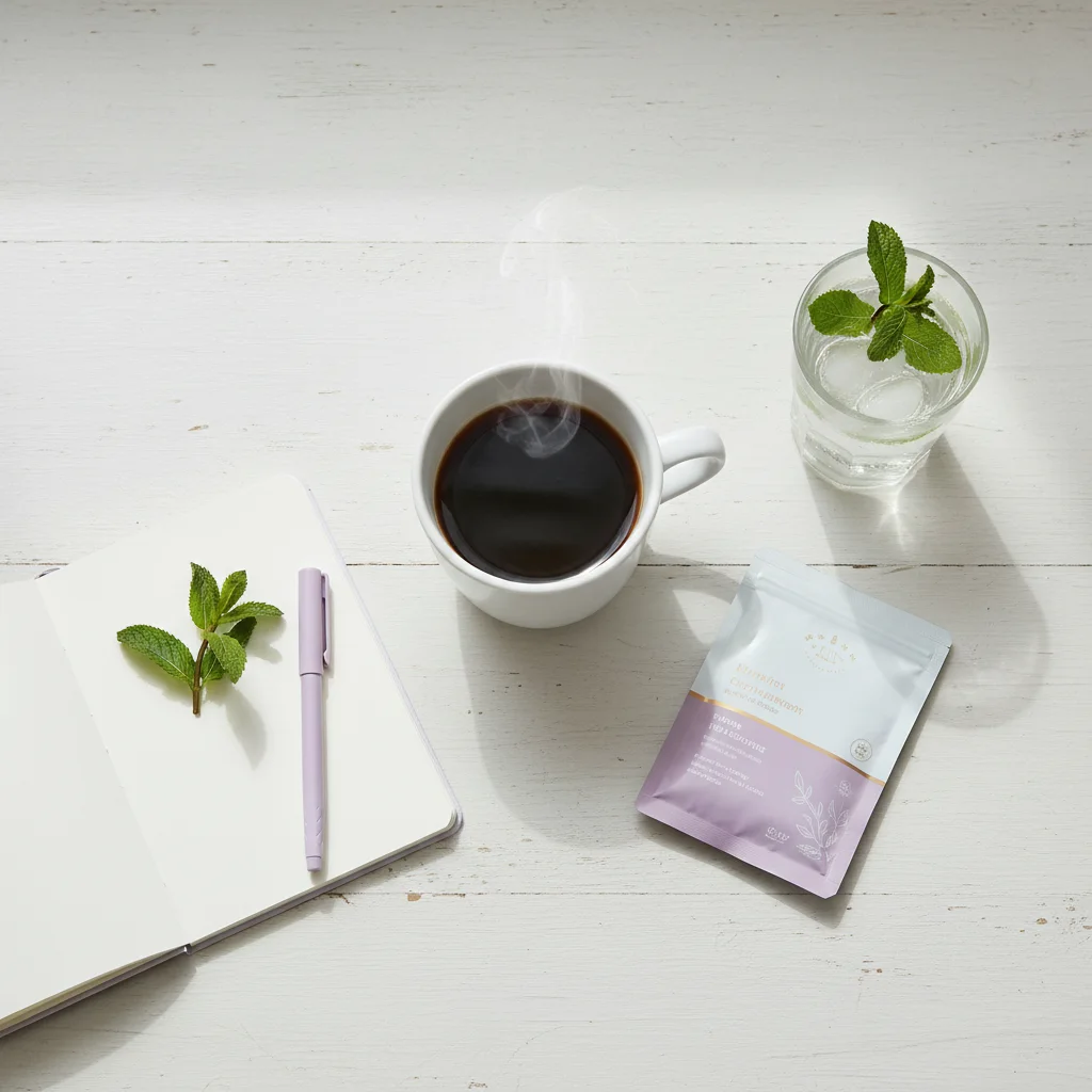 Morning wellness flat-lay: white mug, coffee sachet, small notebook, sprig of mint and a glass of water on a pale wooden table